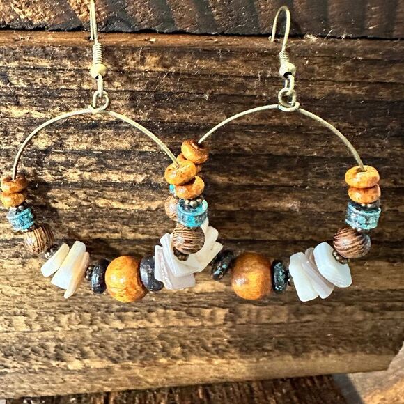 Handmade Western Hippie Copper Wire Natural Wooden Beads Drop Earrings, Gift Box - Picture 1 of 7